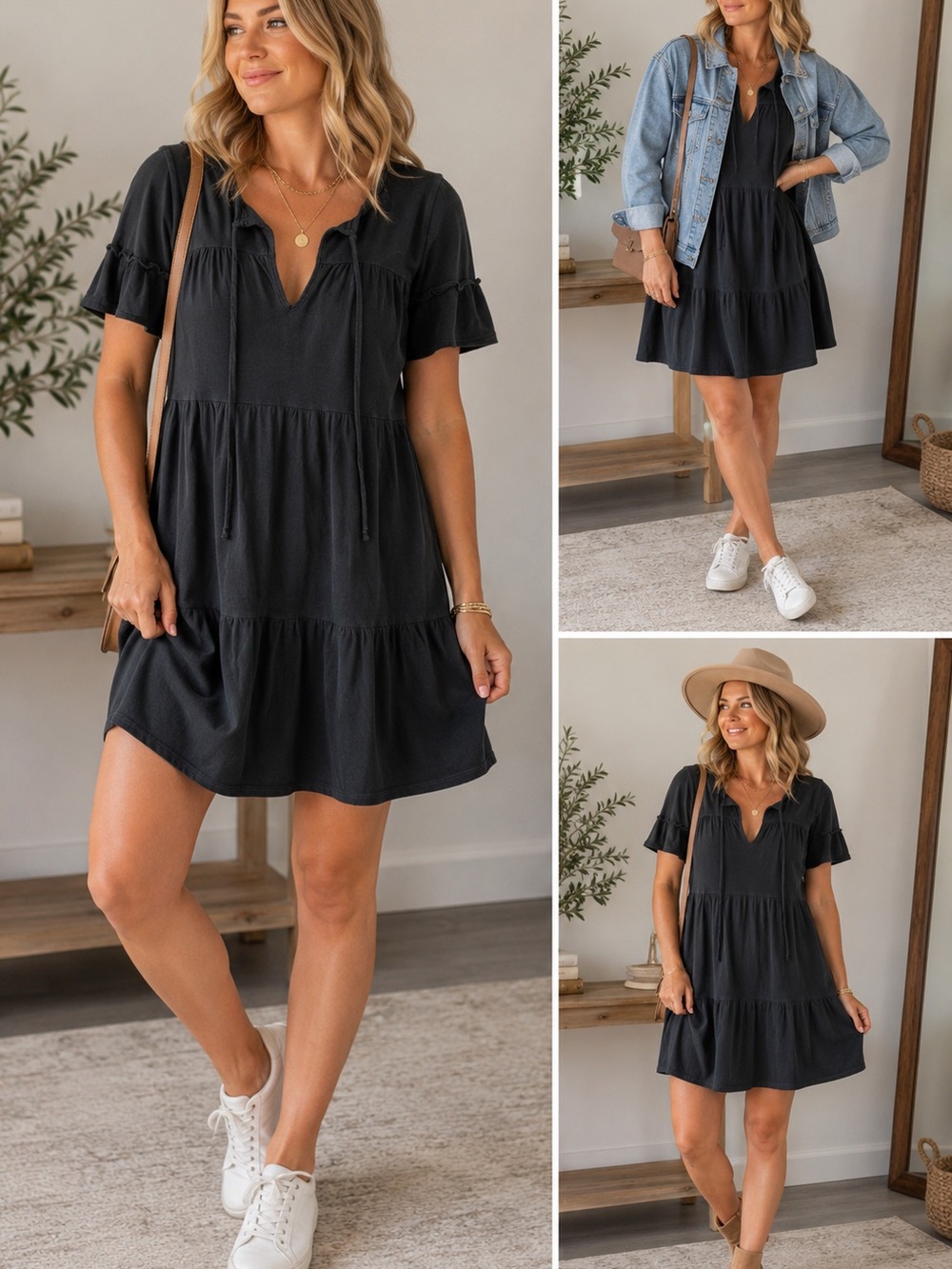 J. CREW Black Tiered Knit T-Shirt Dress Women’s XS Short Sleeve Mini Babydoll